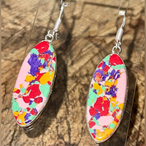 Colorful Rainbow Calsilica Earrings 2” - Picture 1 of 6